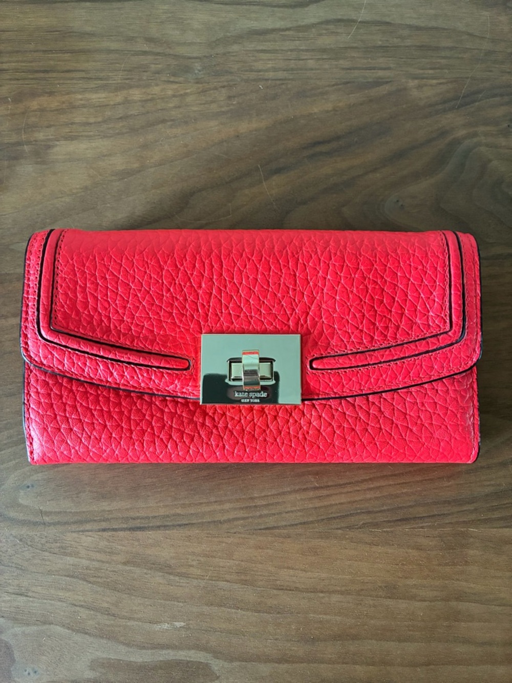 Kate Spade Red Pebbled Leather Clutch Turn Lock Trifold Wallet